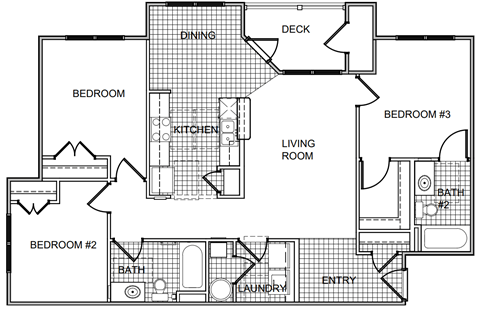 Floor plan for 3 beds, 2 baths, 1212 sqft